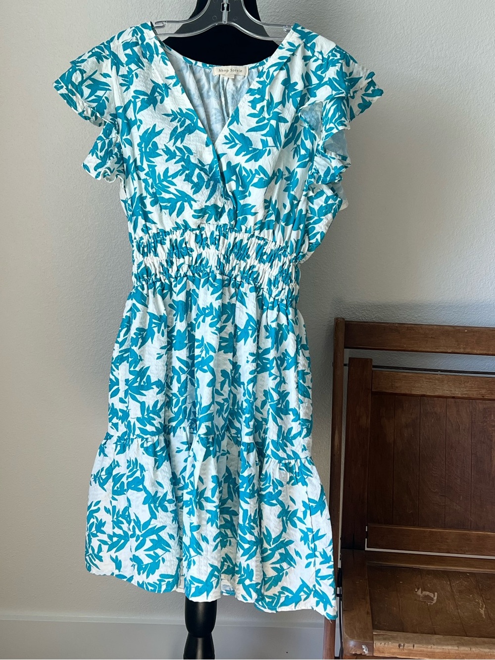 White & Teal Leaf-Print Smocked Mini Dress